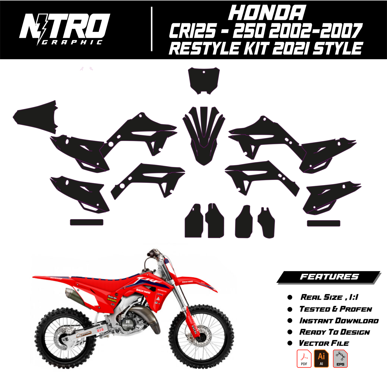 TEMPLATE Honda CR125 - 250 2002 2003 2004 2005 2006 2007 Restyle Kit 2021 Style