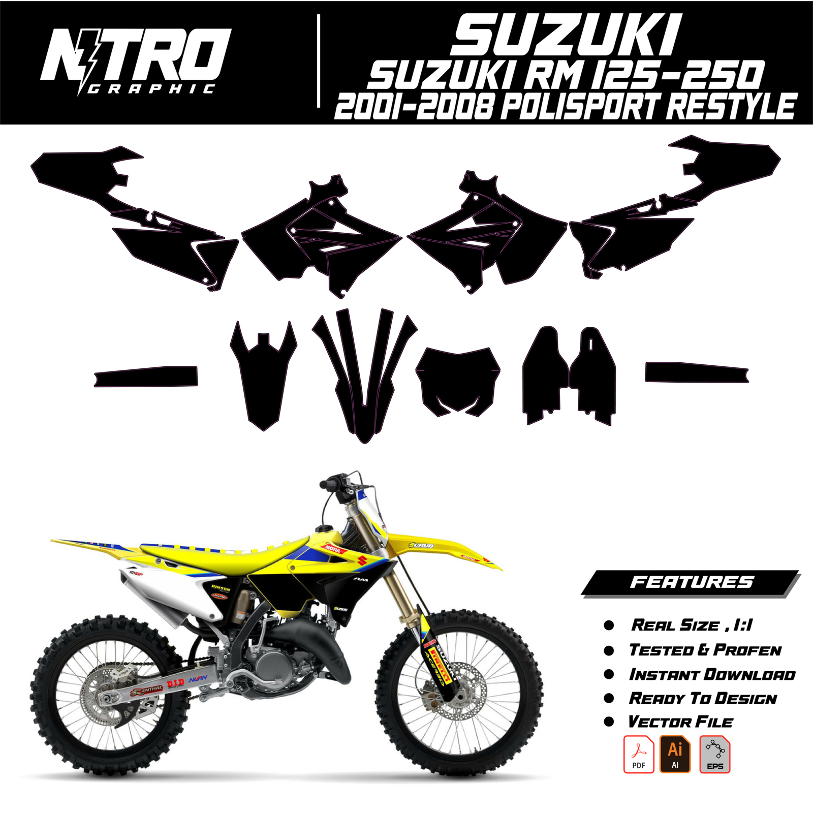 TEMPLATE Suzuki RM 125-250 2001 2002 2003 - 2008 POLISPORT RESTYLE